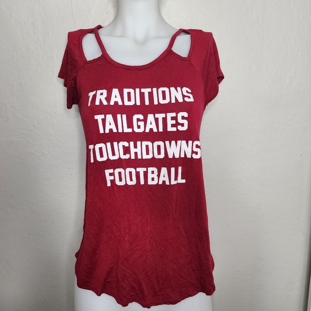 Traditions Tailgates Touchdowns Football Maroon Short Sleeve Cutout Back XS